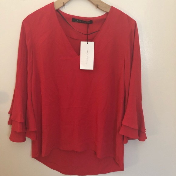 NWT Zara 3/4 Sleeve Ruffle Red Blouse Size Small - Picture 4 of 6